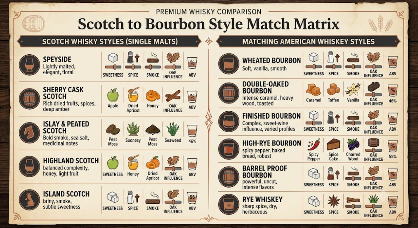 Infographic comparing common Scotch whisky styles with the closest bourbon and American whiskey alternatives based on sweetness, spice, oak influence and strength.