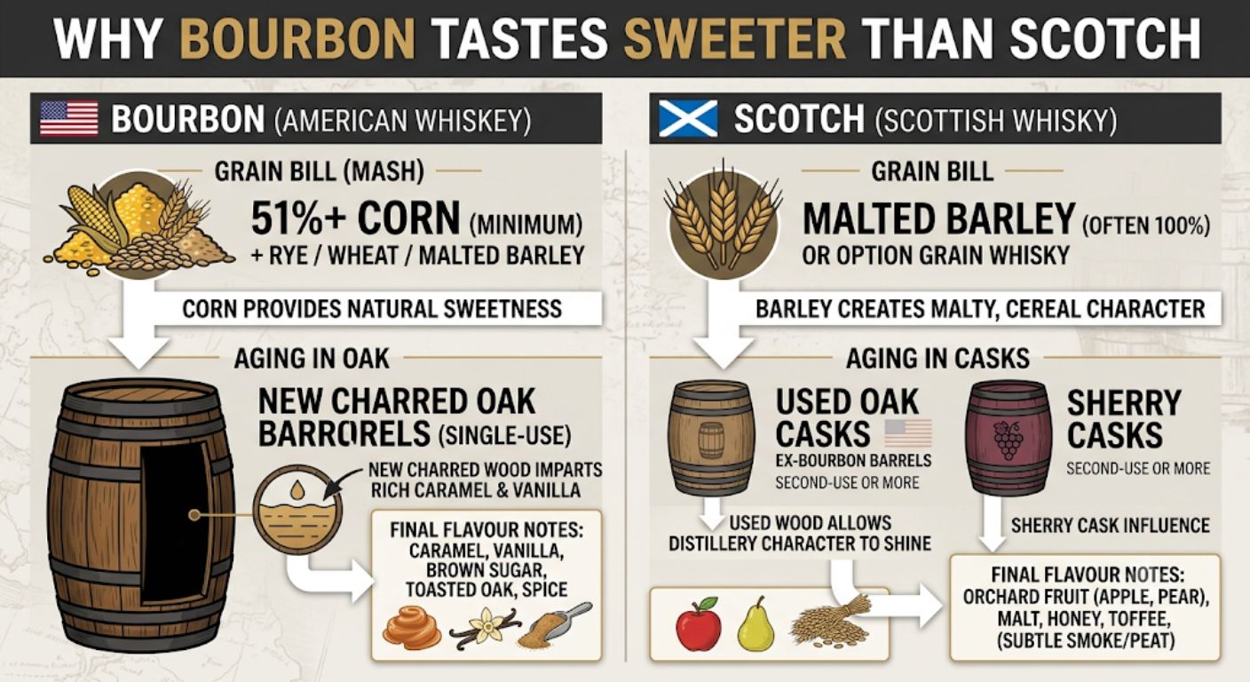 Infographic explaining how corn mash bills and new charred oak barrels create sweeter flavours in bourbon compared with Scotch whisky.