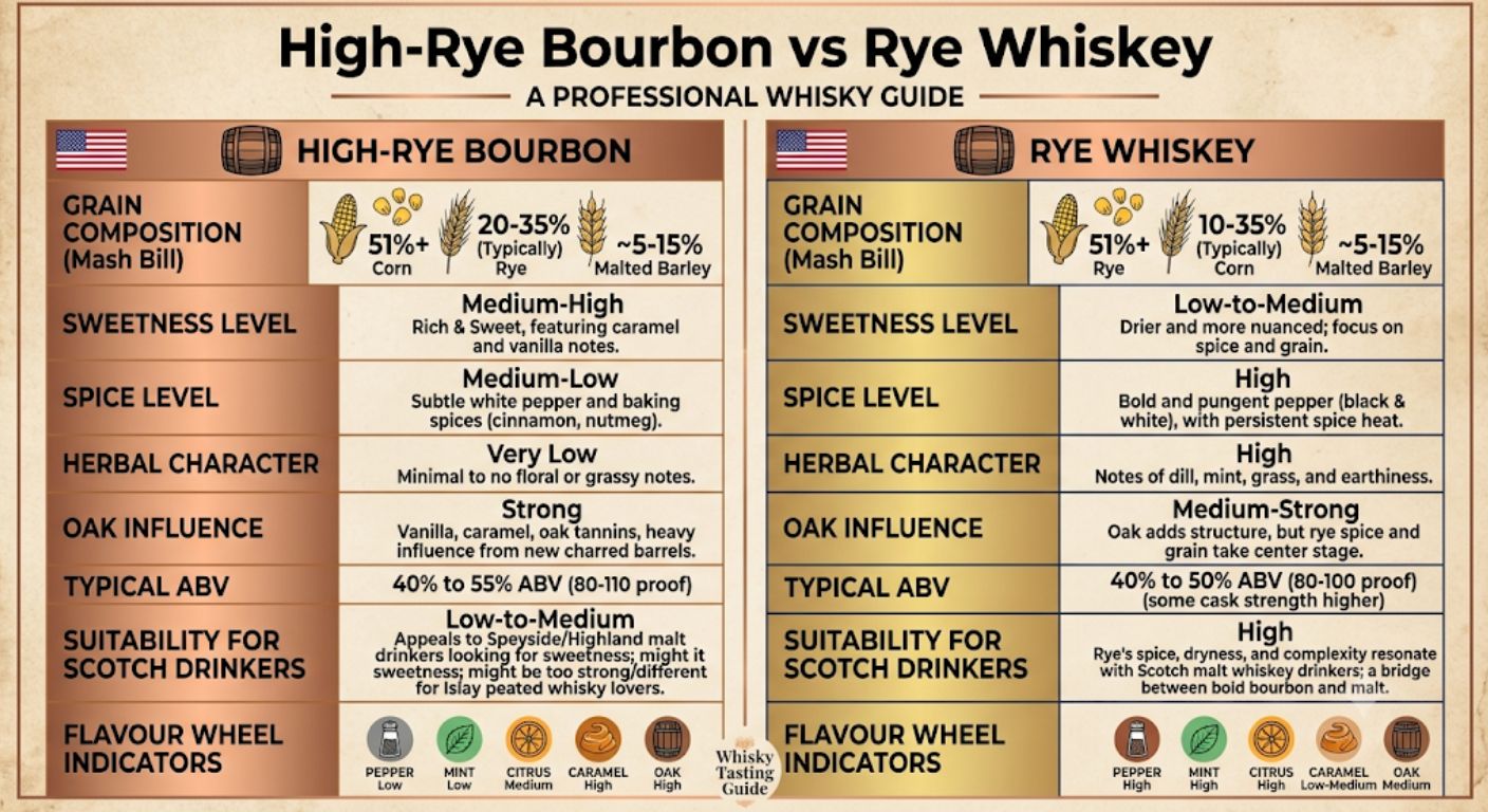 Infographic comparing high-rye bourbon and rye whiskey, showing differences in grain composition, flavour profile and suitability for Scotch drinkers.