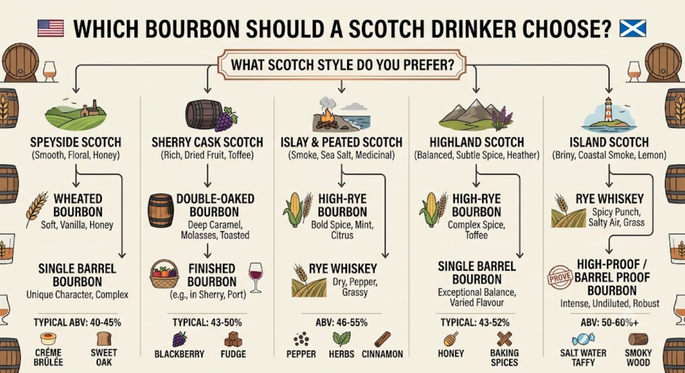 Decision-tree infographic helping Scotch drinkers choose the most suitable bourbon or American whiskey style based on their preferred Scotch flavour profile.