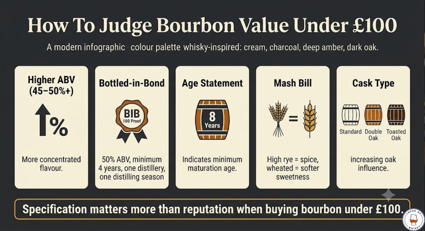Infographic explaining the five key specifications that help identify good-value bourbon under £100, including proof, age statement, Bottled-in-Bond status, mash bill and cask type.