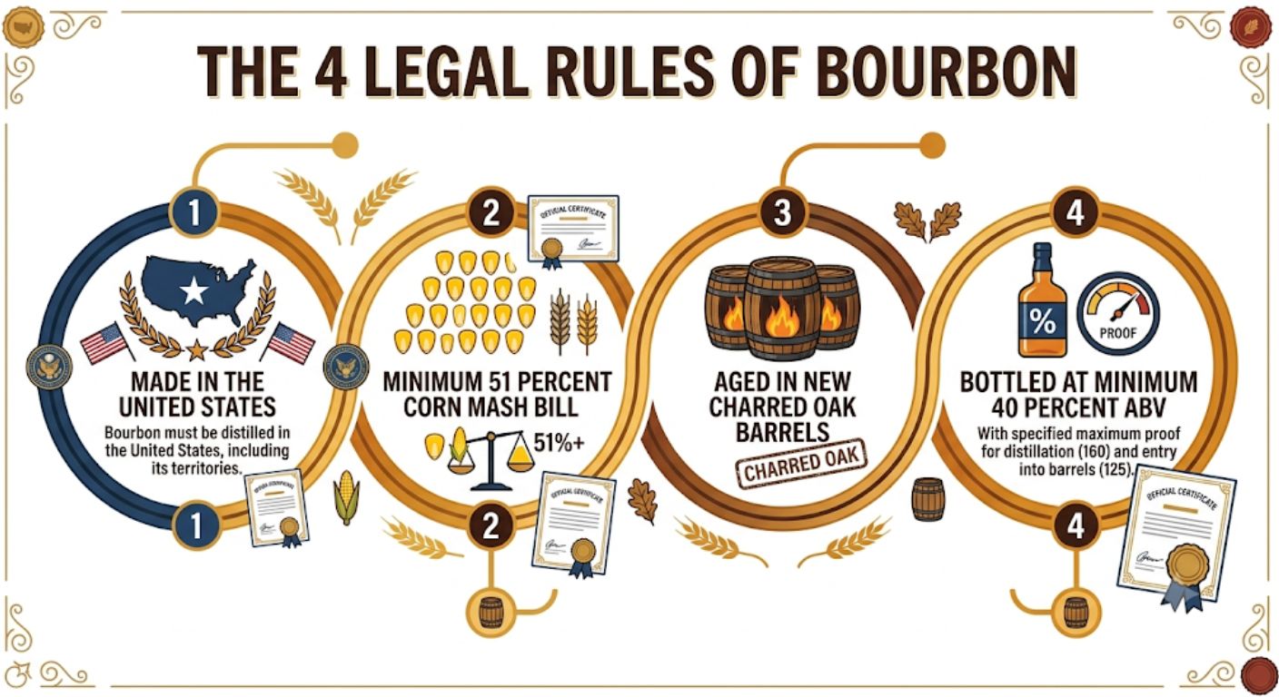 Infographic showing the four legal requirements that define bourbon including origin, corn content, barrel maturation and bottling rules.