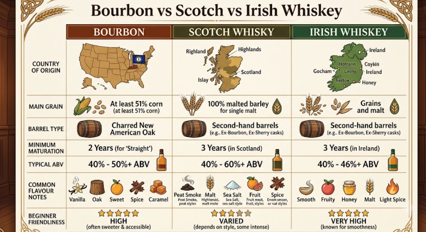 Comparison infographic showing the differences between bourbon, Scotch whisky and Irish whiskey including origin, maturation and flavour profile.