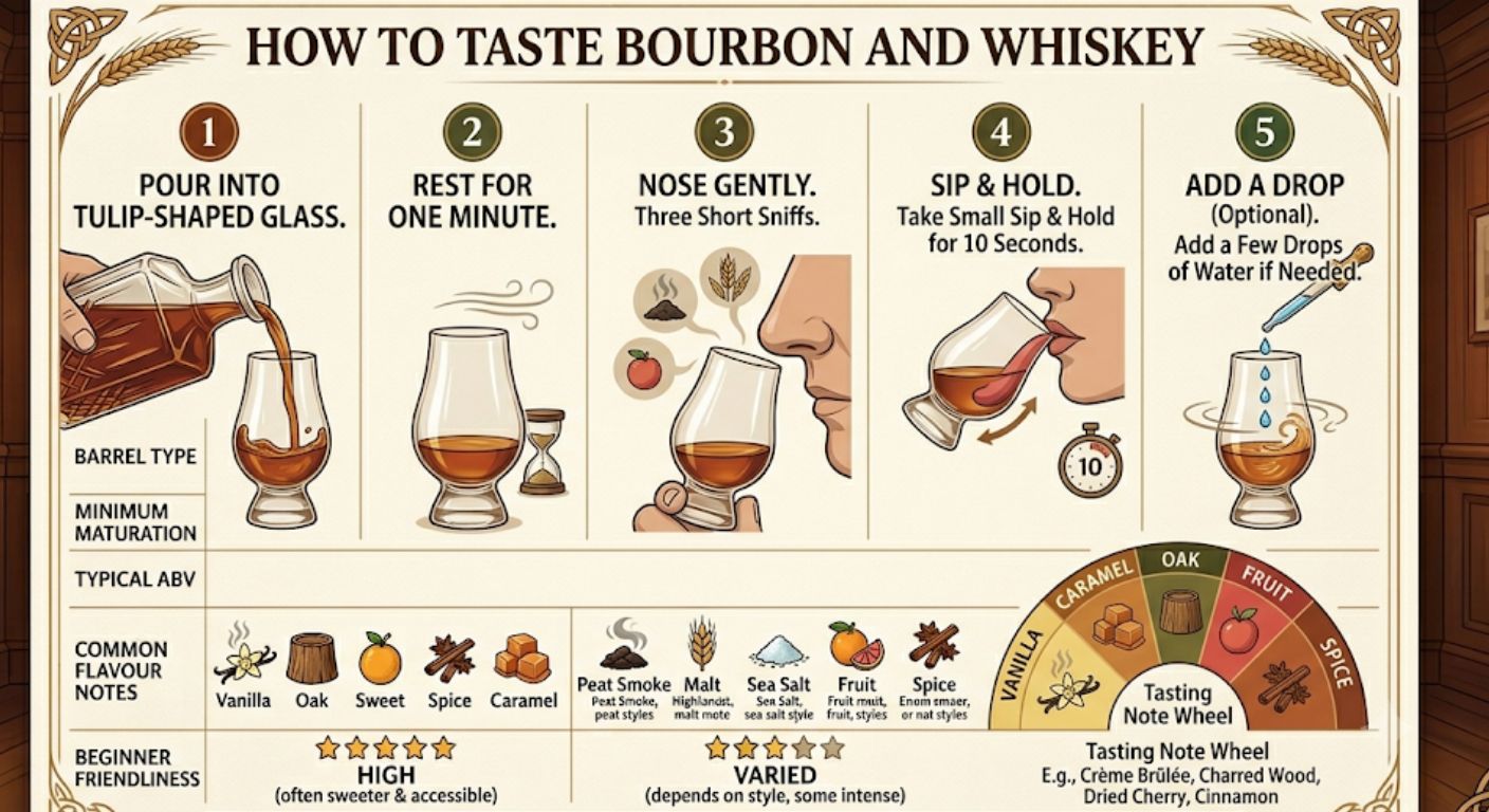 Step-by-step infographic explaining how to taste bourbon and whiskey including nosing, sipping and adding water correctly.