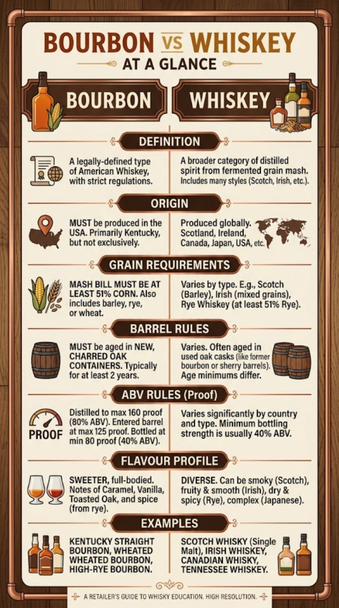 Infographic comparing bourbon and whiskey including legal requirements, grain composition, barrel rules, flavour profile and production differences.