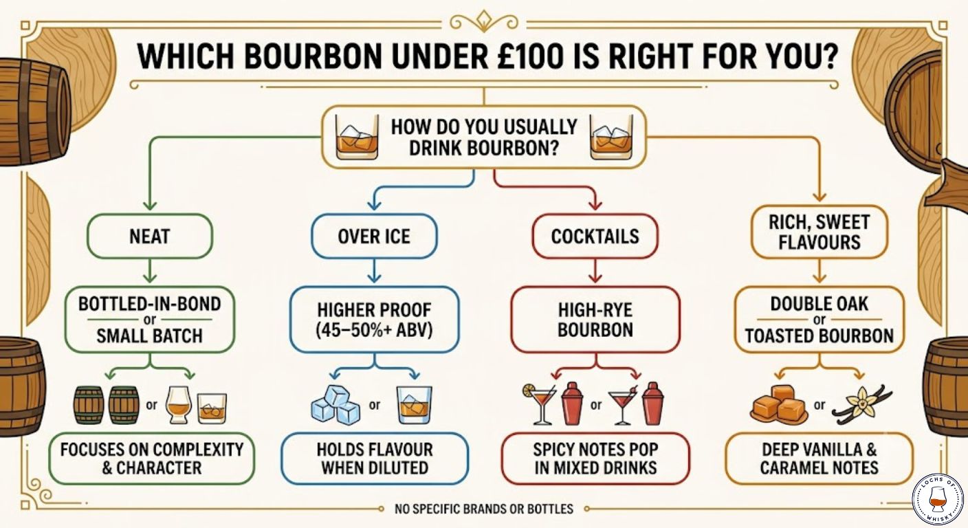 Decision tree helping readers choose the most suitable bourbon under £100 based on their preferred drinking style and flavour preferences.