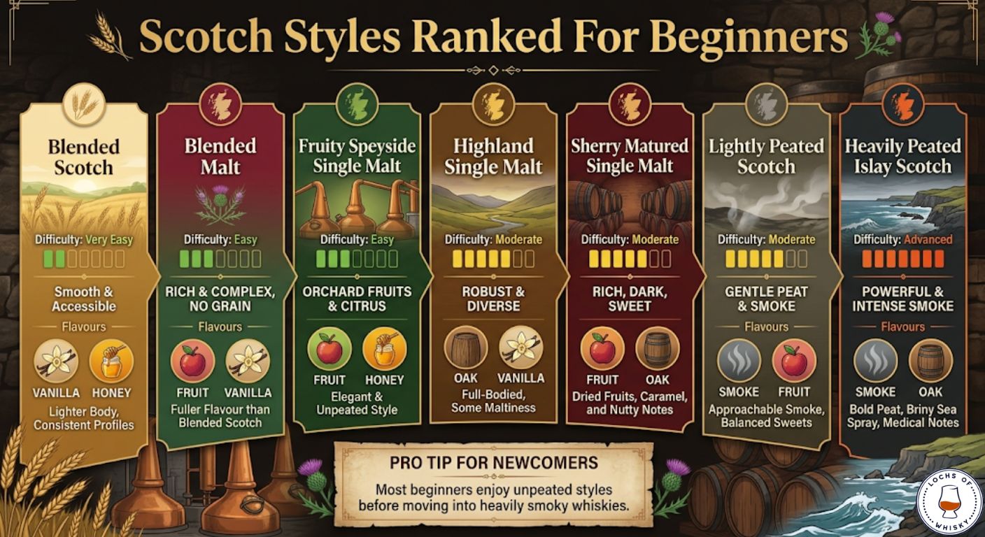 Comparison chart ranking different Scotch whisky styles from easiest to hardest for beginners to enjoy.