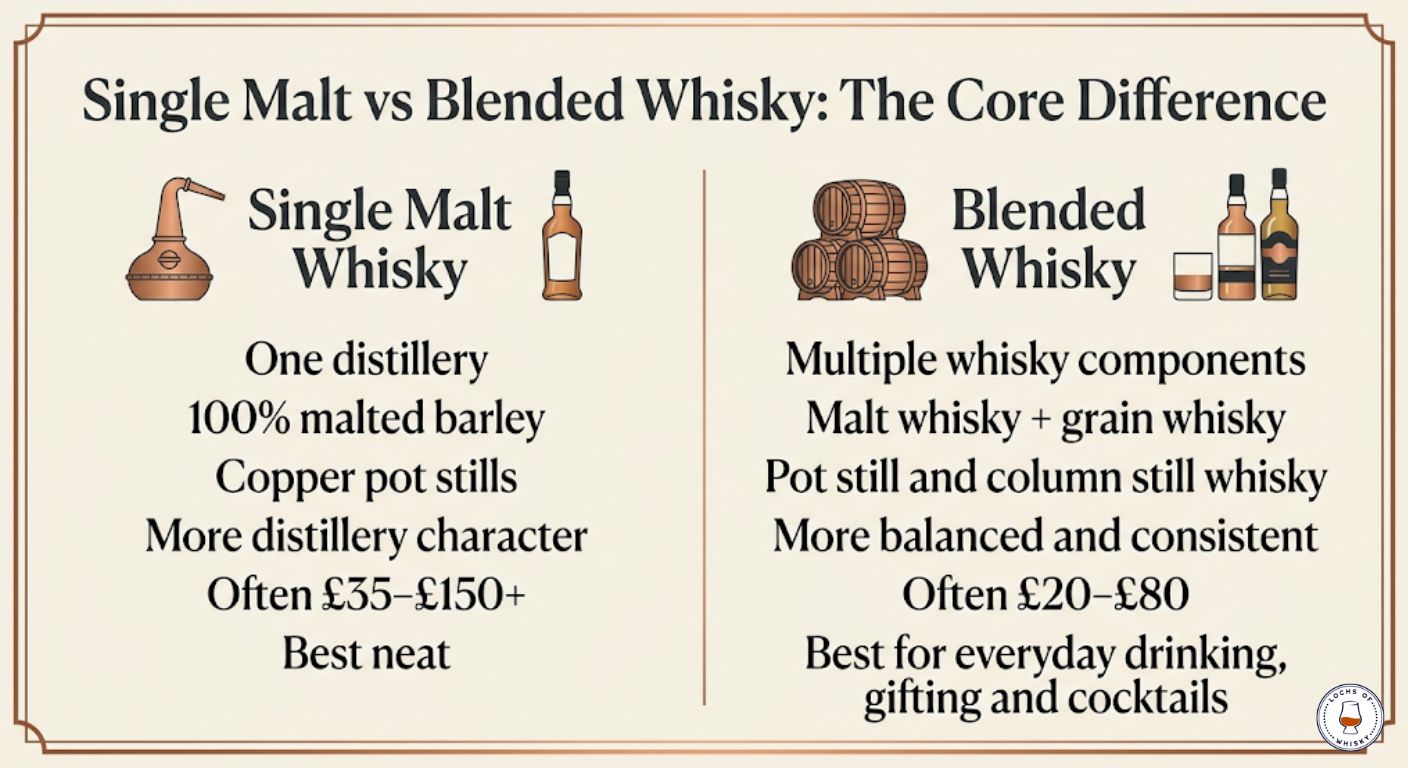 Single malt vs blended whisky infographic comparing distillery source, ingredients, still type, flavour style, price and best use.