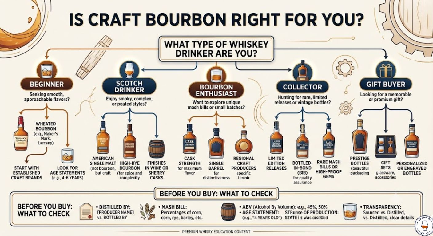 Decision tree helping readers decide whether craft bourbon suits their preferences and which style to choose based on their experience and taste.