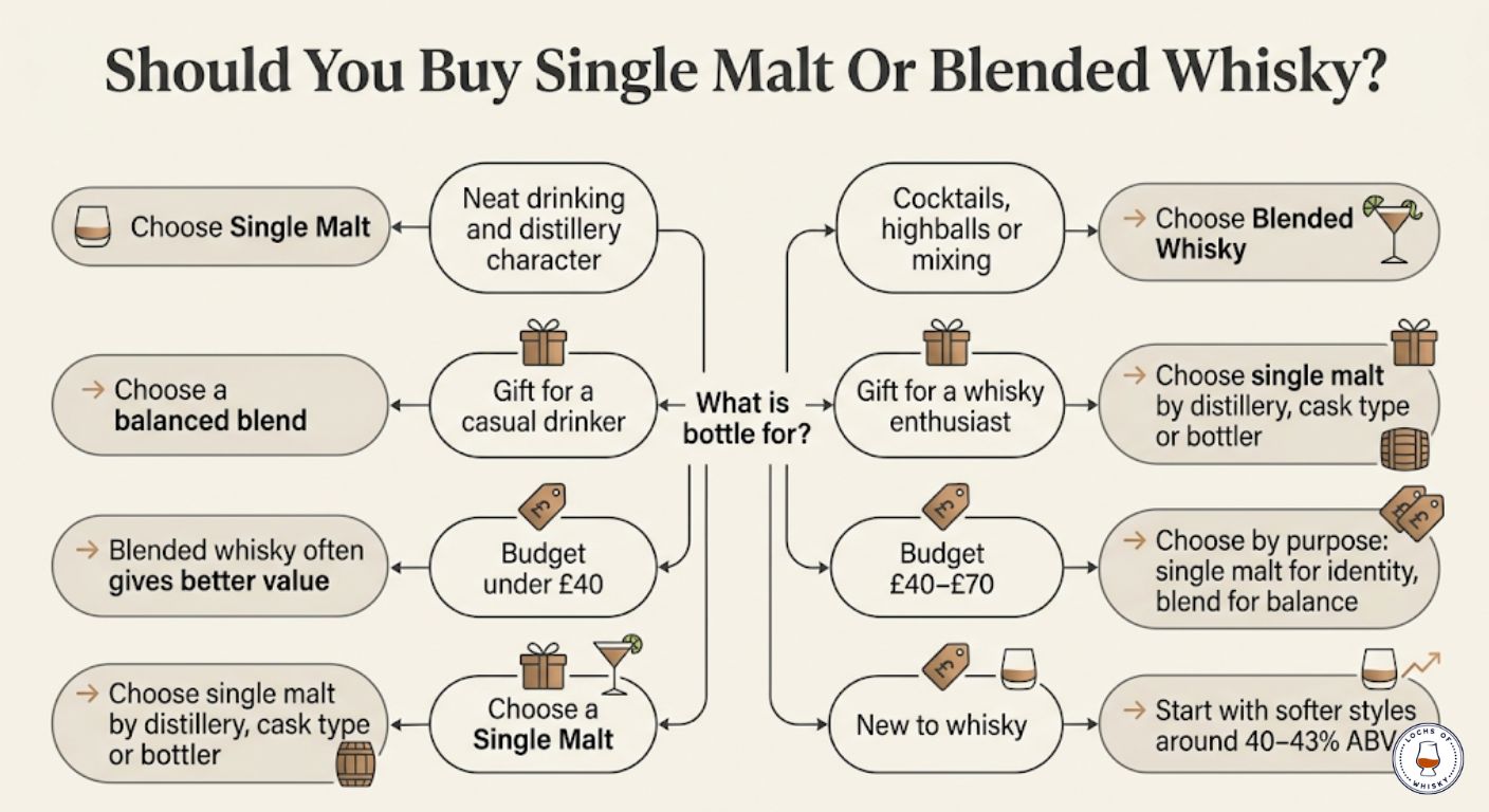 Decision tree infographic showing when to choose single malt whisky and when to choose blended whisky based on budget, gifting, cocktails and flavour preference.