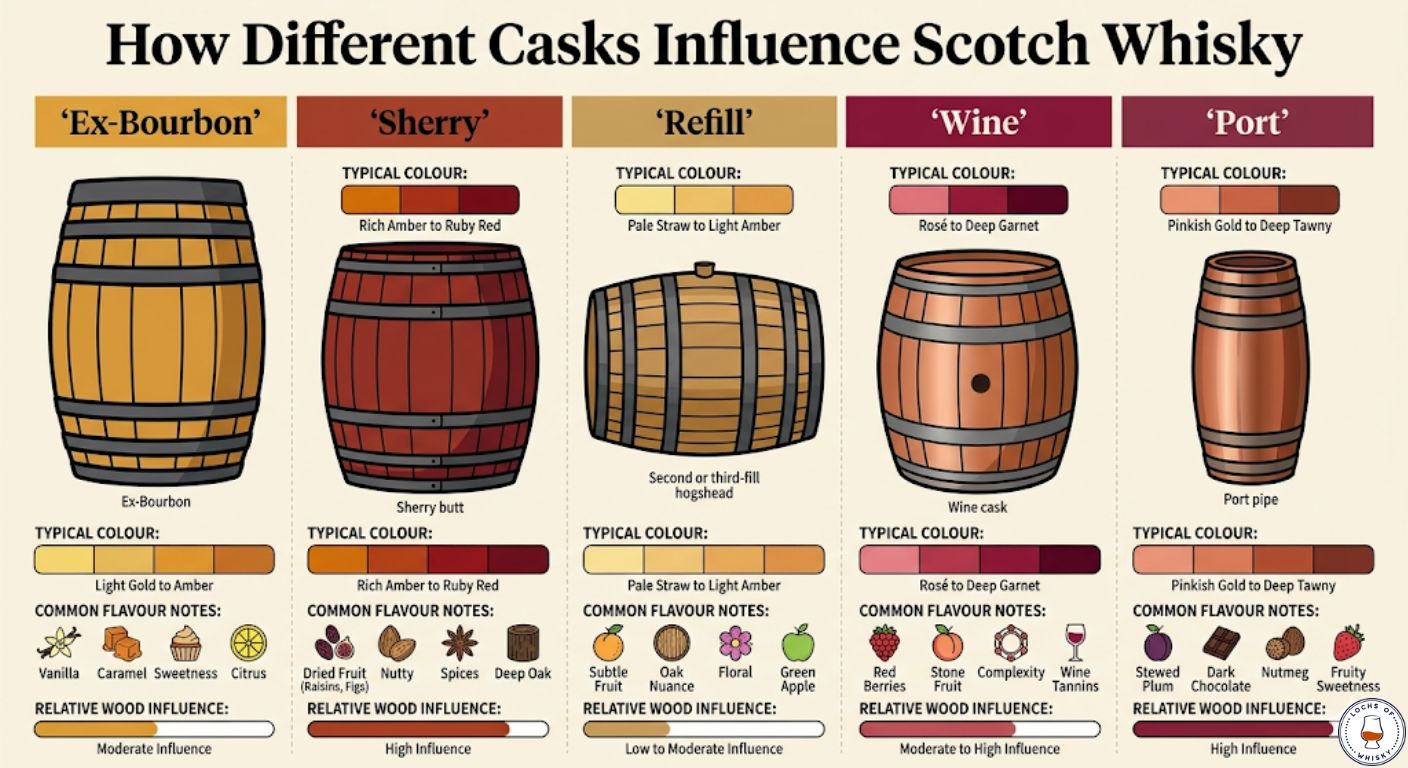Comparison chart showing how different cask types affect Scotch whisky flavour and colour.