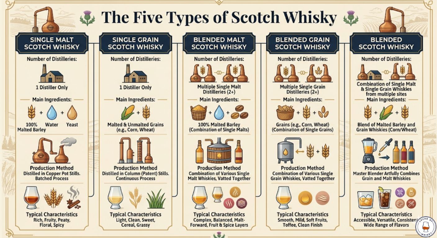 Visual guide explaining the five official categories of Scotch whisky and how they differ.