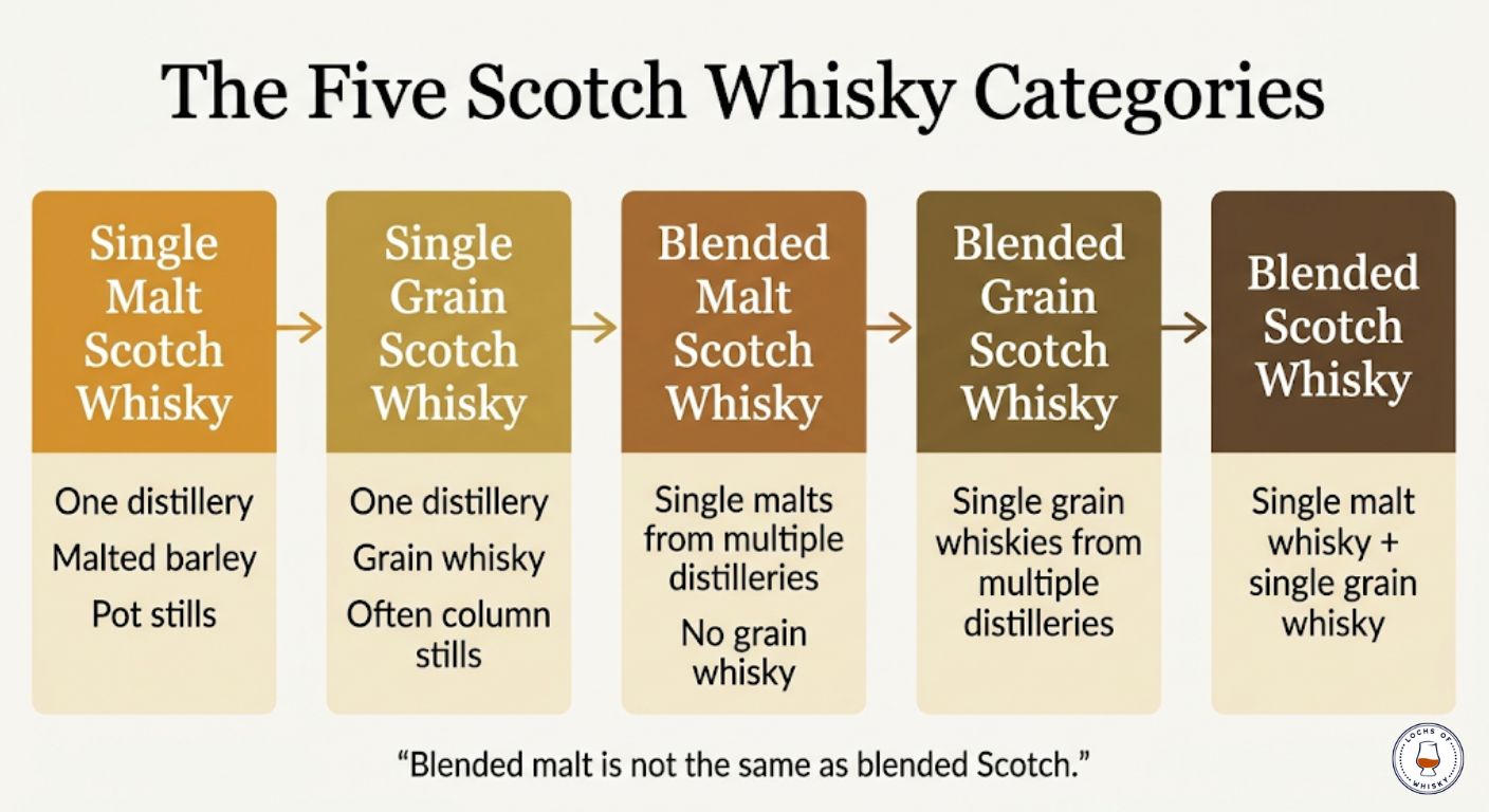 Infographic explaining the five Scotch whisky categories including single malt, single grain, blended malt, blended grain and blended Scotch.