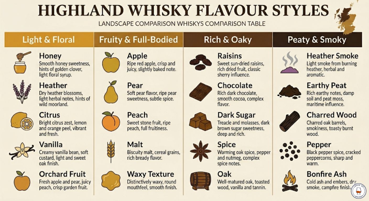 Comparison infographic showing the four main Highland whisky flavour styles: light and floral, fruity and full-bodied, rich and oaky, and peaty and smoky.
