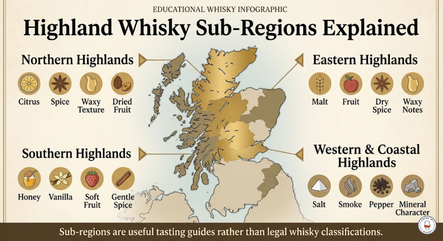 Map infographic showing typical flavour characteristics associated with Northern, Southern, Eastern and Western Highland whisky regions.