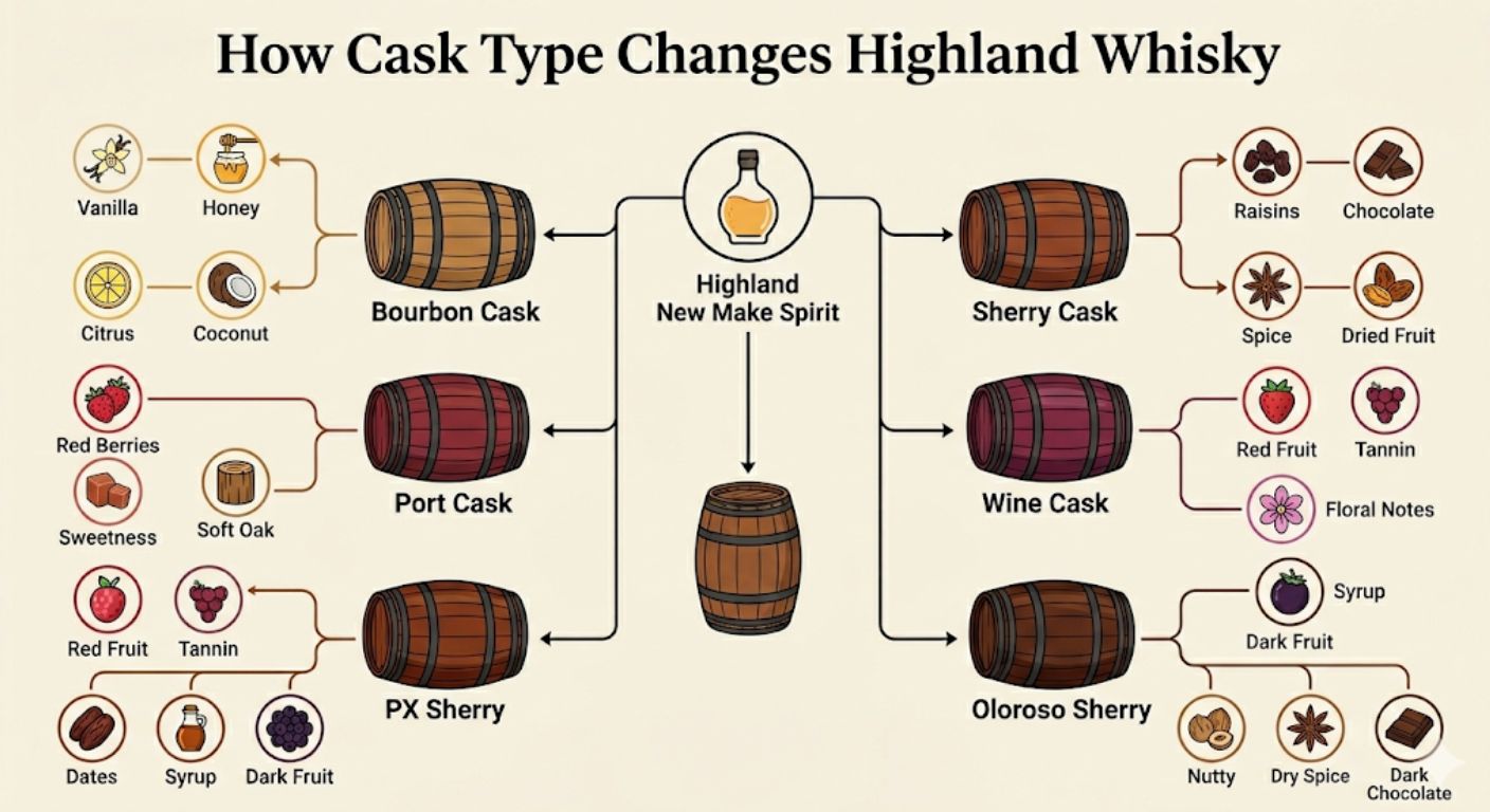 Flowchart showing how bourbon, sherry, port and wine casks influence the flavour profile of Highland whisky.