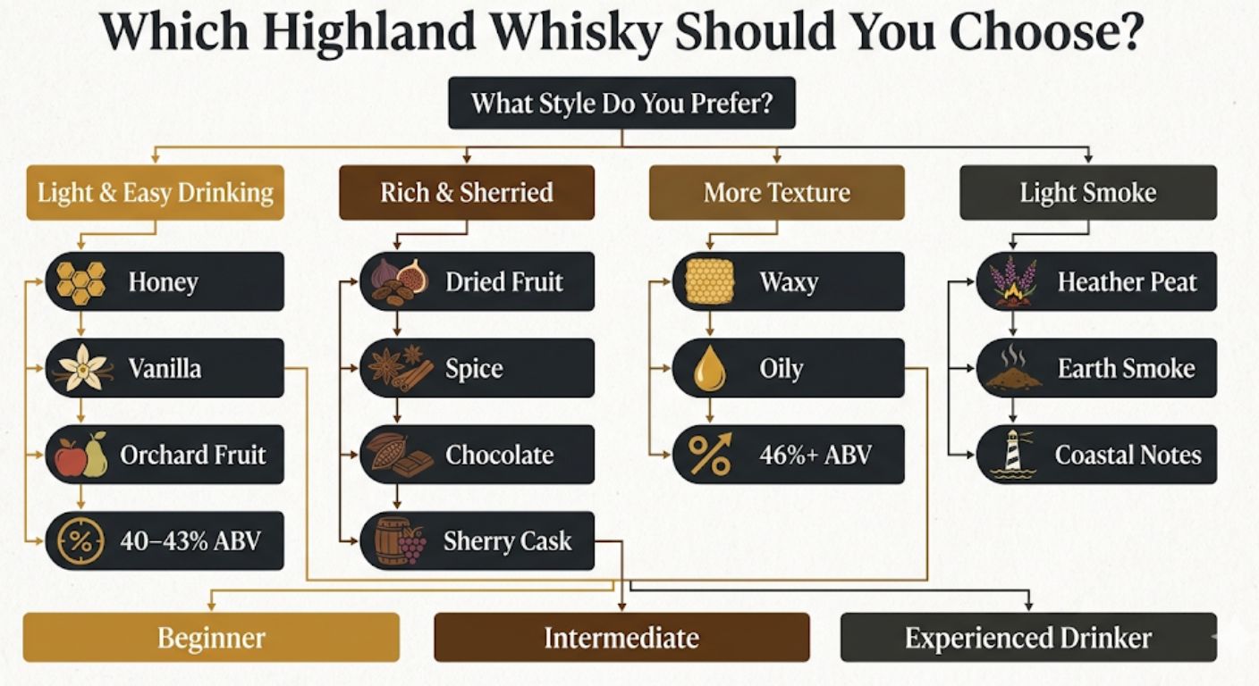 Decision tree infographic helping readers choose a Highland whisky based on flavour preference, smoke level, cask influence and ABV.