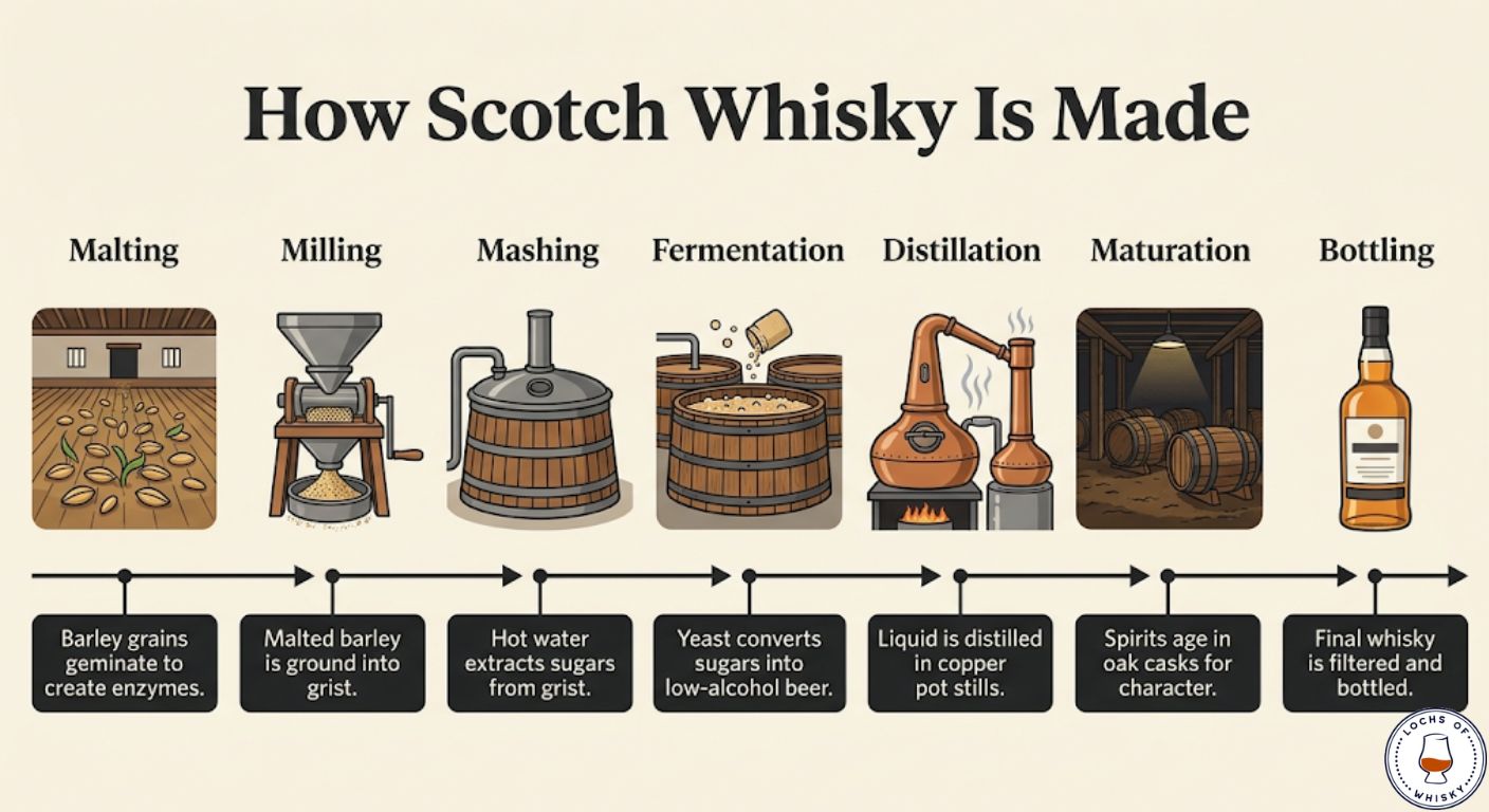 Step-by-step infographic showing the seven stages of Scotch whisky production from malting to bottling.