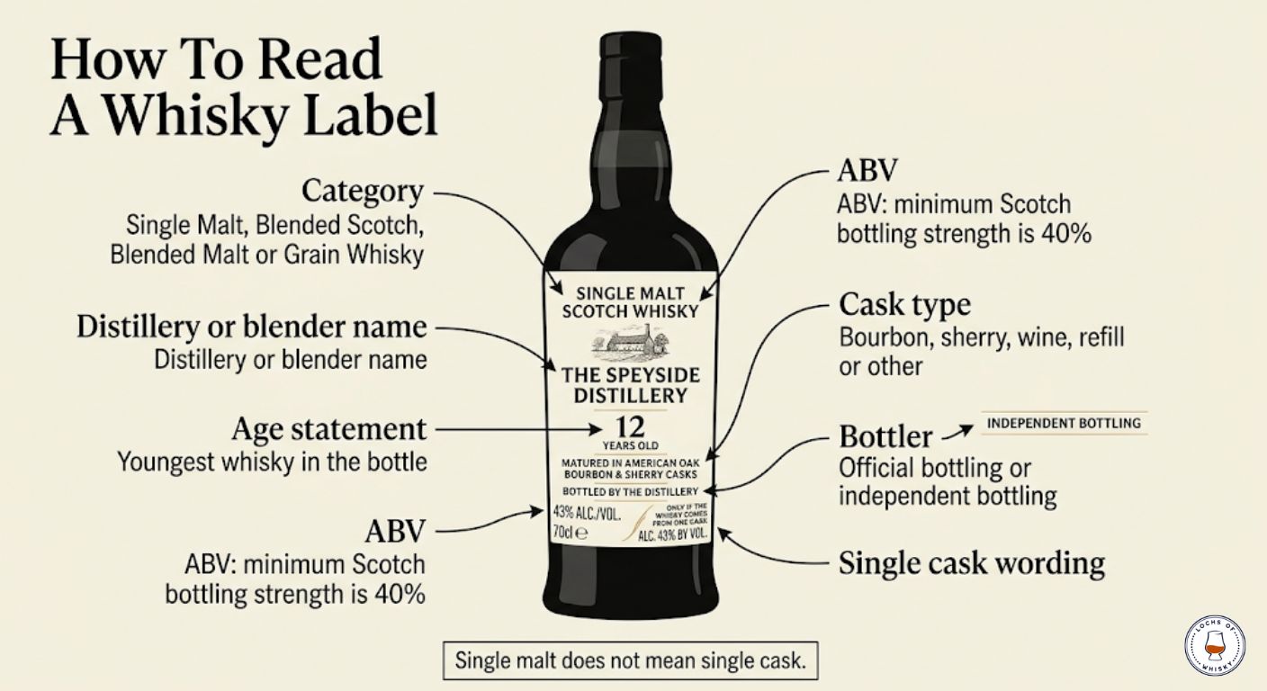 Whisky label reading infographic showing category, distillery, age statement, ABV, cask type, bottler and single cask wording.