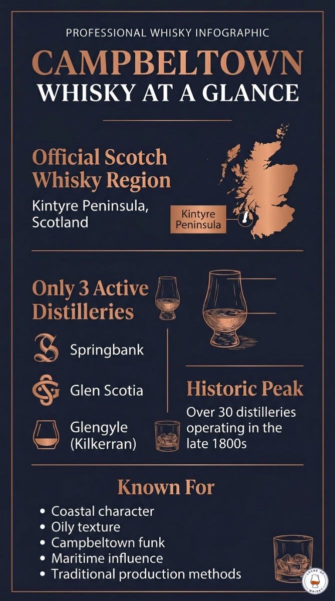 Infographic showing the Campbeltown whisky region, its location on the Kintyre Peninsula, three active distilleries and key flavour characteristics.
