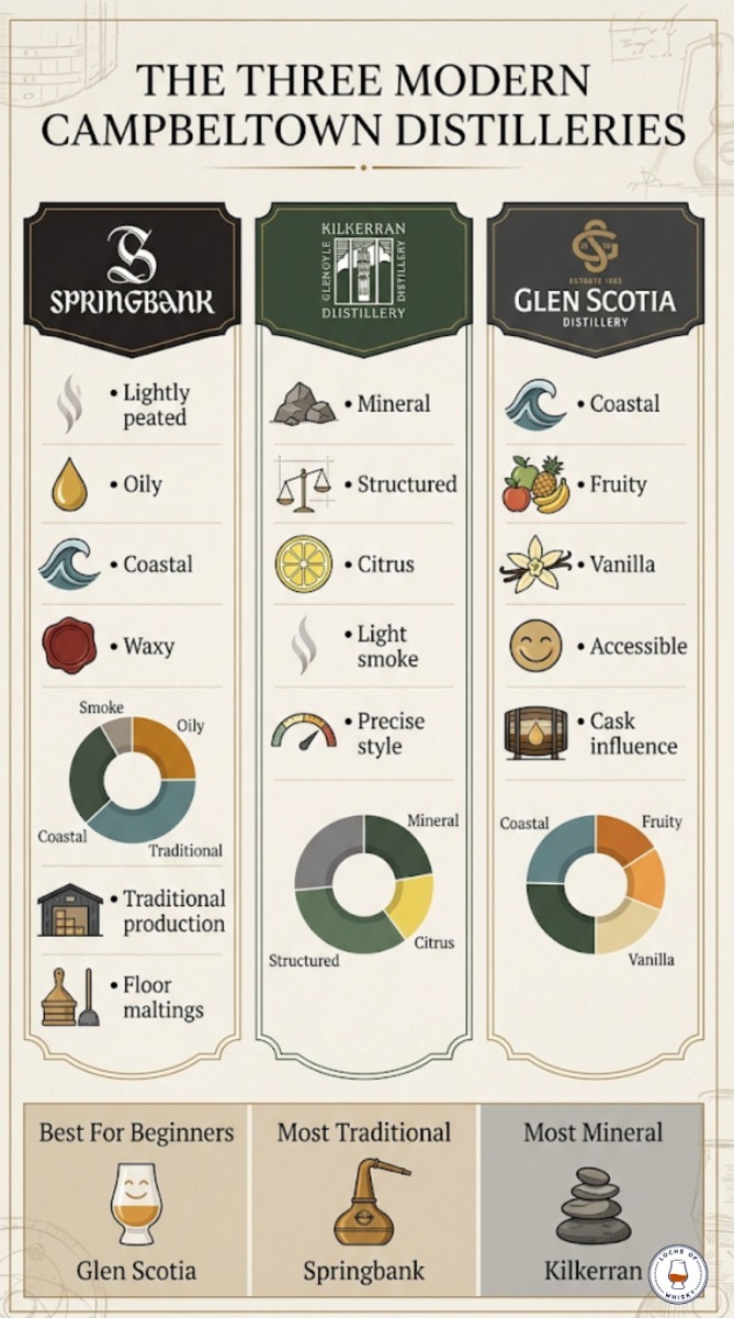Comparison chart showing flavour profiles and characteristics of Springbank, Kilkerran and Glen Scotia whiskies.