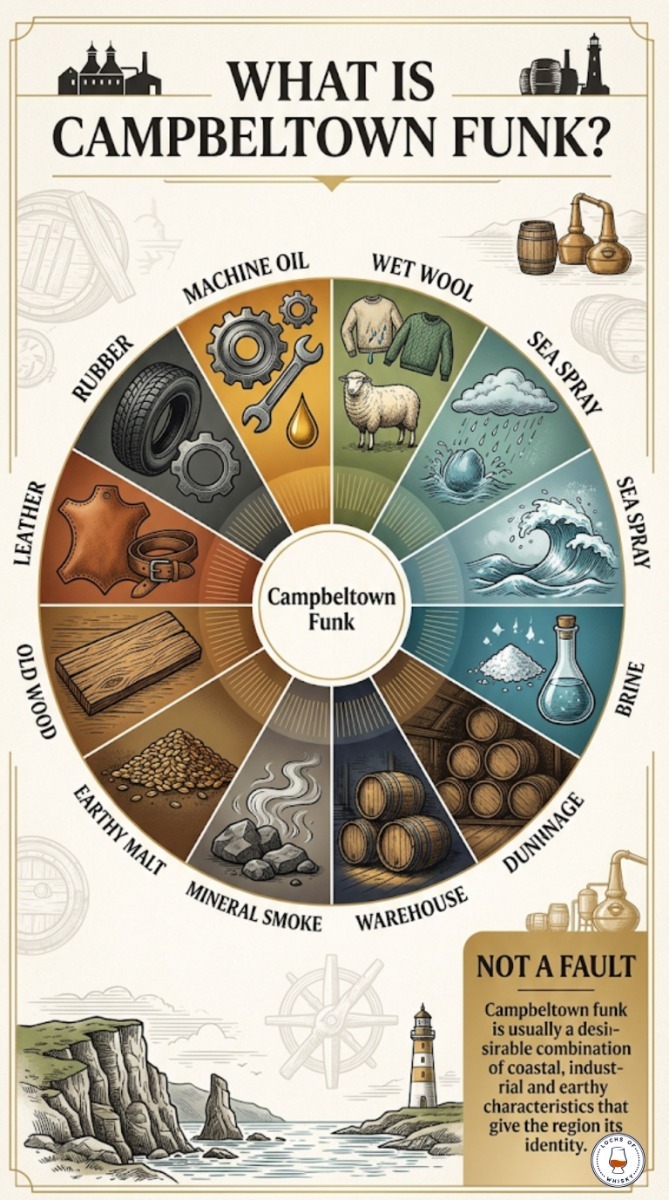 Flavour wheel explaining Campbeltown funk with notes including machine oil, brine, wet wool, dunnage warehouse and mineral smoke.