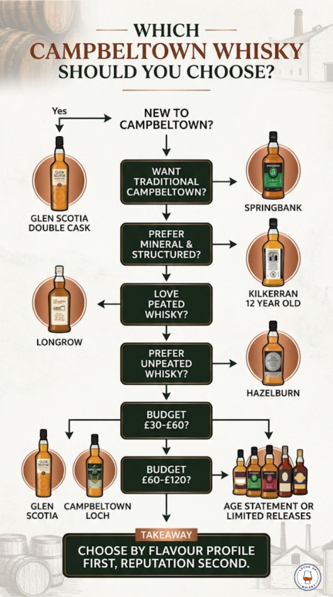 Decision tree helping readers choose between Springbank, Kilkerran, Glen Scotia, Hazelburn and Longrow based on taste preferences and budget.