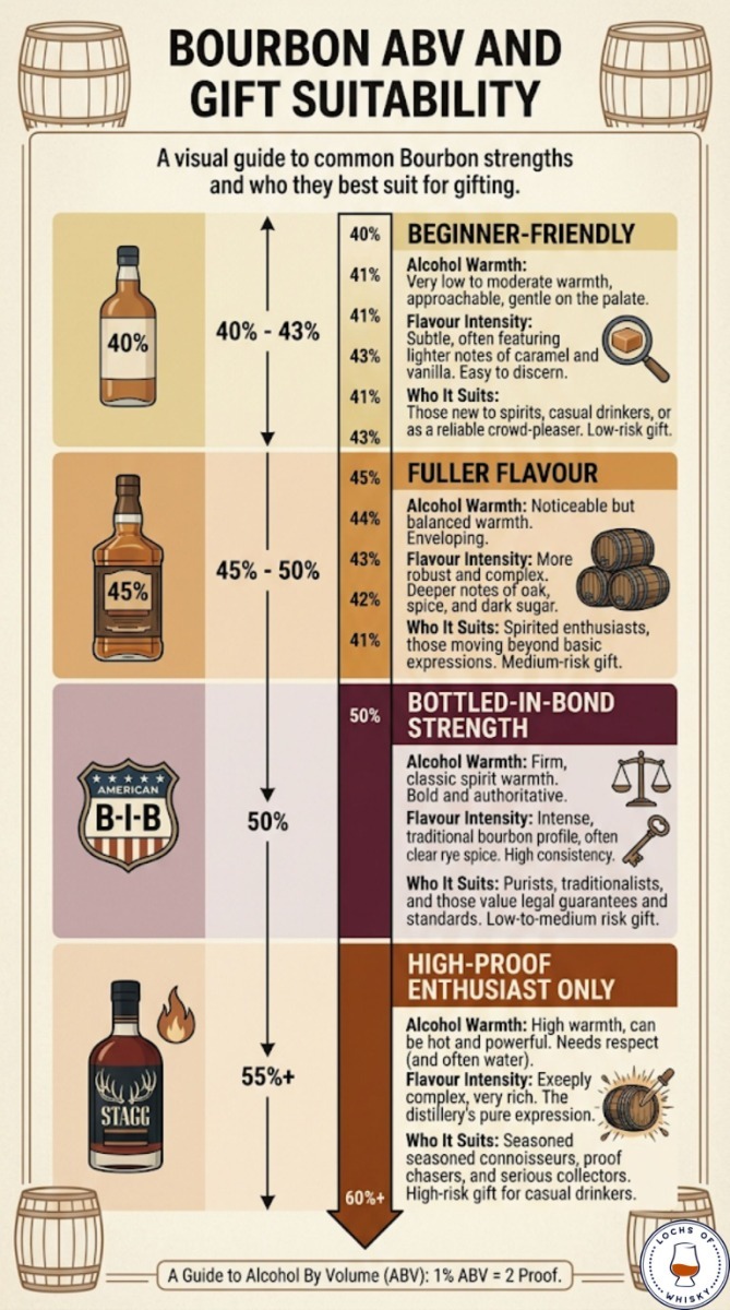 Bourbon ABV guide showing which alcohol strengths suit beginners, regular drinkers and high-proof whiskey enthusiasts.