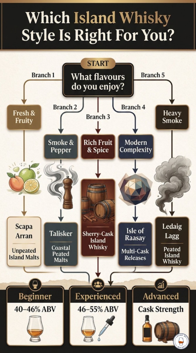 Decision tree helping readers choose an island whisky based on flavour preference, peat level, cask style and experience level.