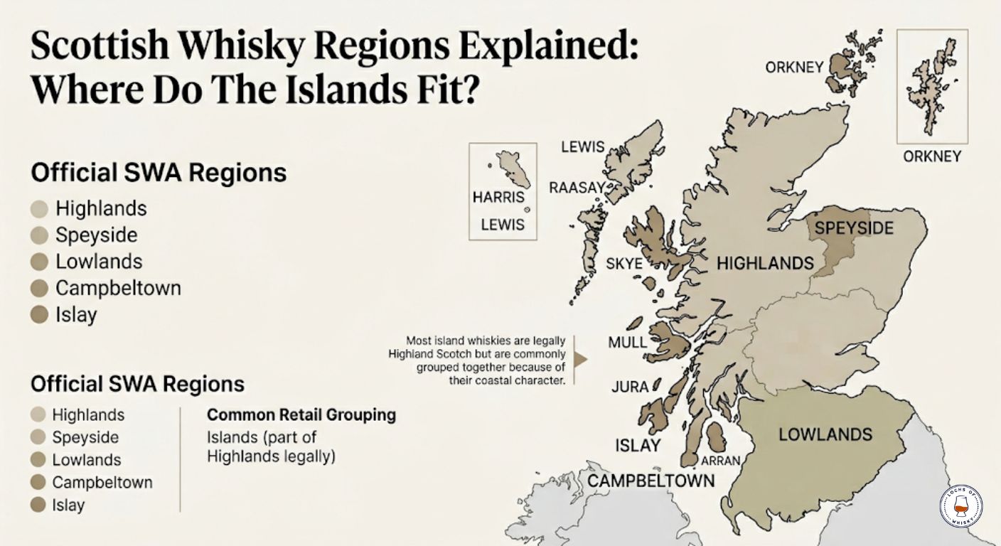 Scottish whisky regions map showing the official Scotch whisky regions and the island distilleries commonly grouped under the Islands whisky category.