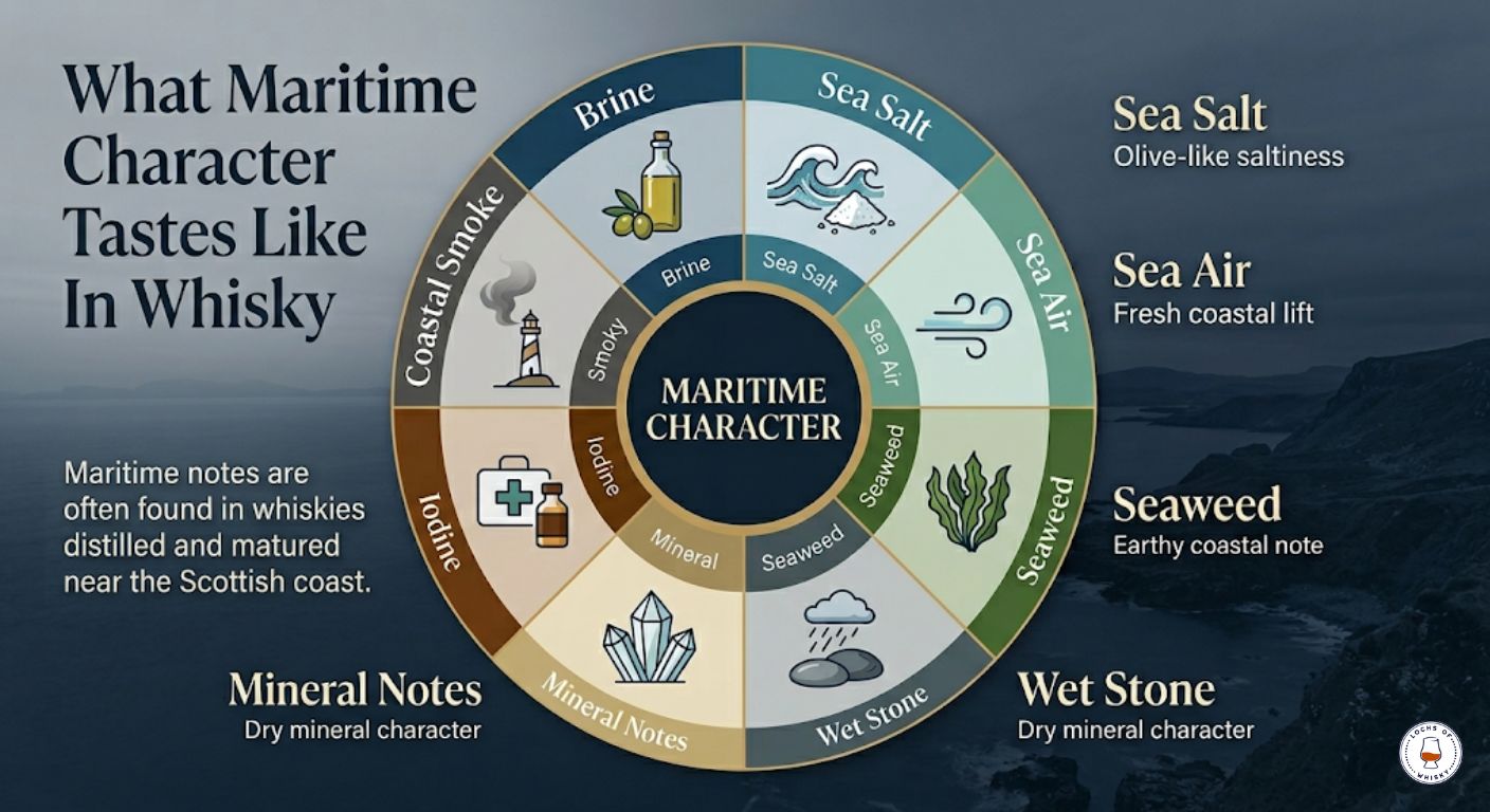 Flavour wheel showing the common maritime tasting notes found in island whisky including brine, sea salt, seaweed, iodine and mineral character.