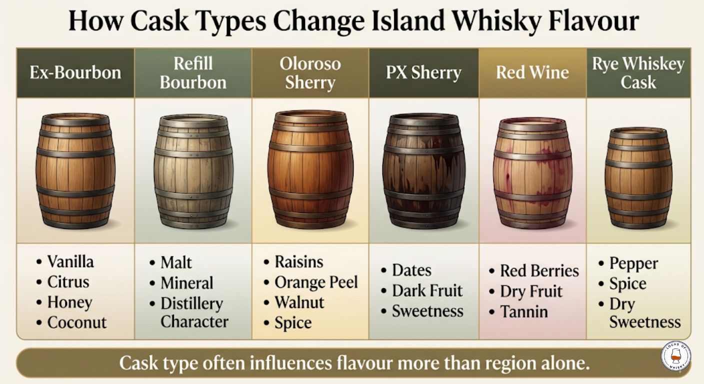 Comparison chart showing how bourbon, sherry, wine and rye whiskey casks influence the flavour of island whisky.