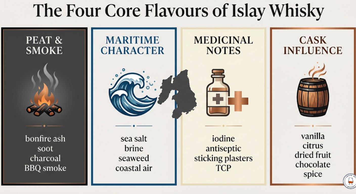 Infographic showing the four core flavour groups found in Islay whisky including peat smoke, maritime notes, medicinal character and cask influence.