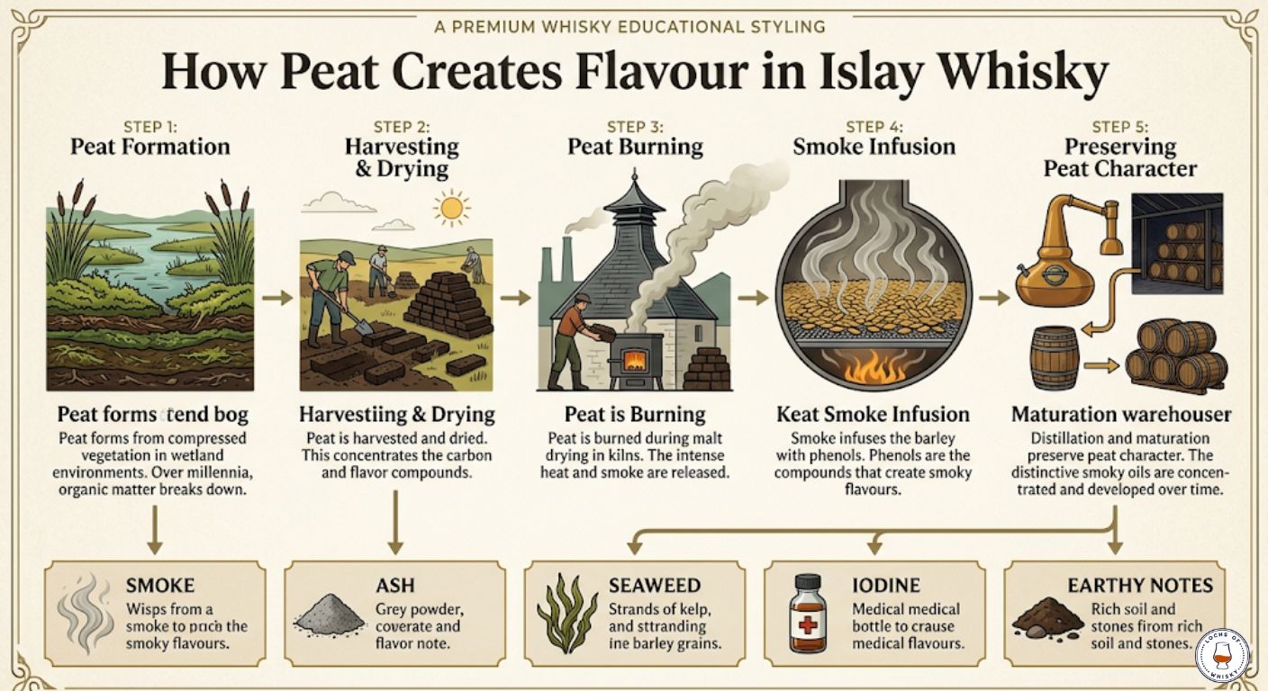 Step-by-step infographic explaining how peat is formed, burned during malting and contributes smoky flavours to Islay whisky.