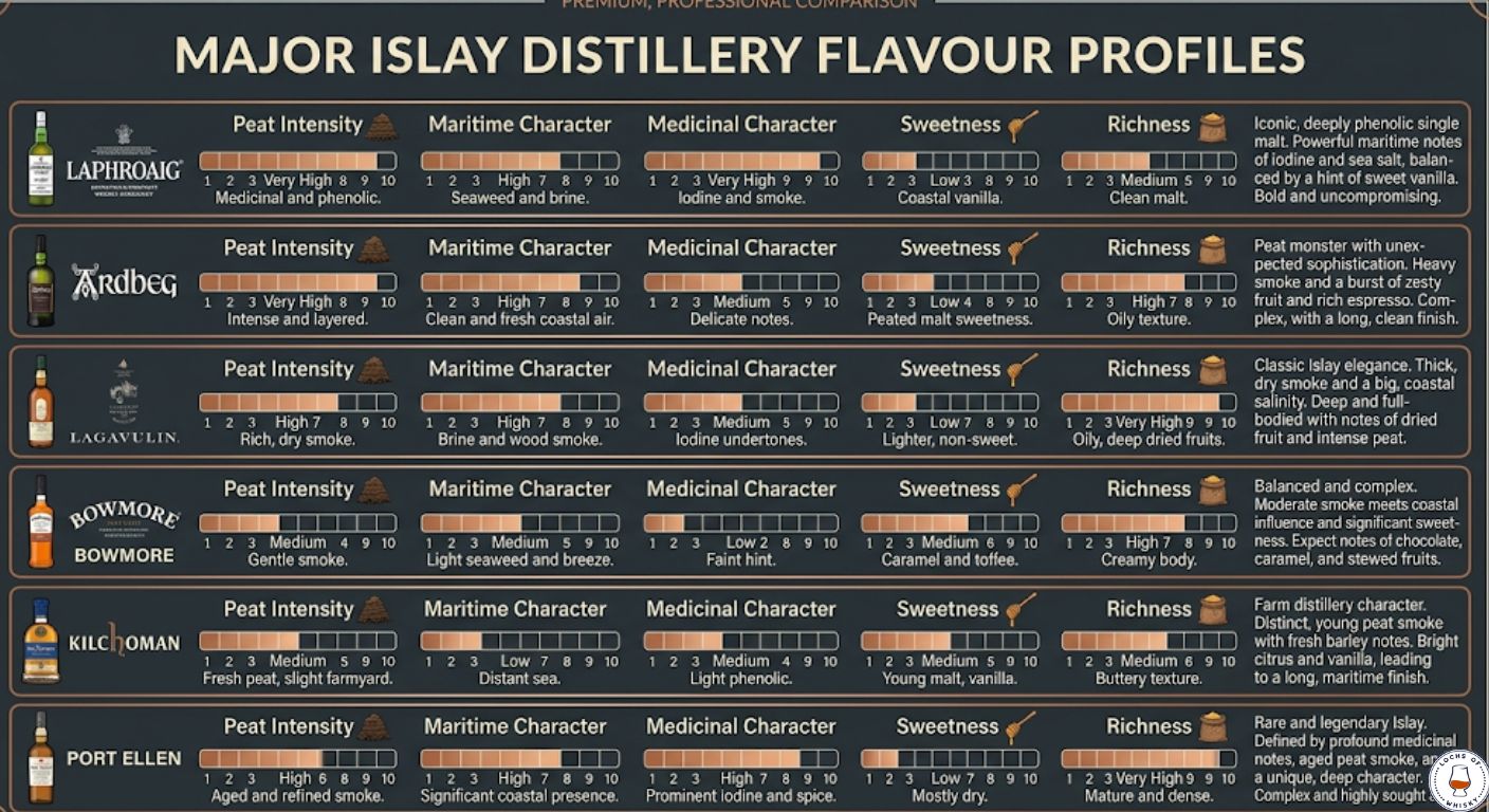 Comparison chart showing flavour differences between major Islay distilleries including Laphroaig, Ardbeg, Lagavulin, Bowmore, Kilchoman and Port Ellen.