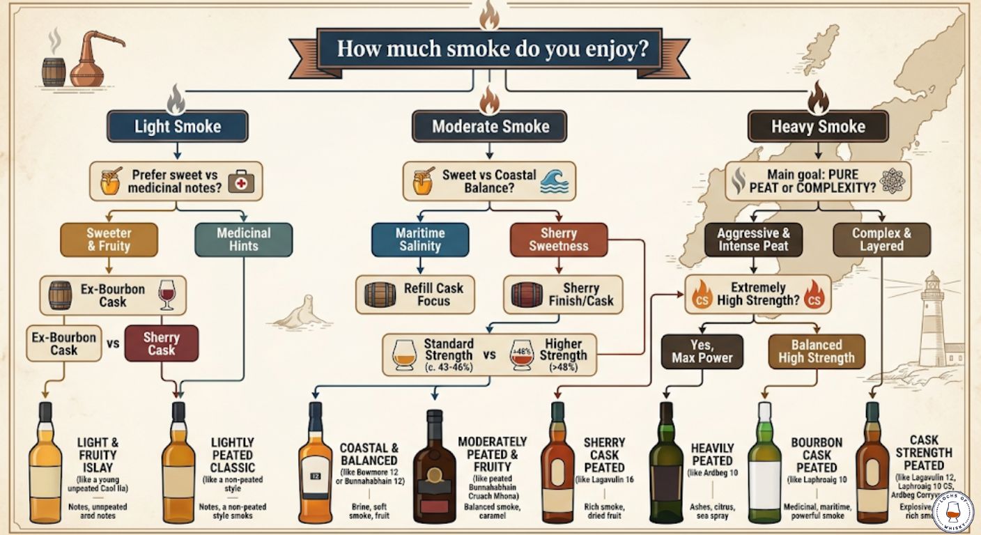Decision tree helping whisky drinkers choose an Islay whisky style based on peat level, cask type, medicinal character and alcohol strength.