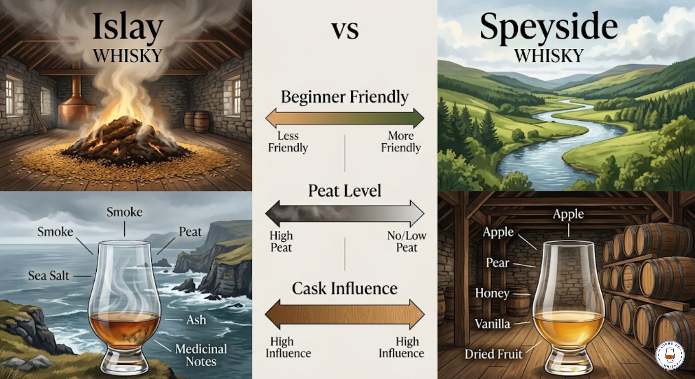 Side-by-side comparison of Islay and Speyside whisky showing peat smoke, flavour profiles, regional characteristics and typical tasting notes.