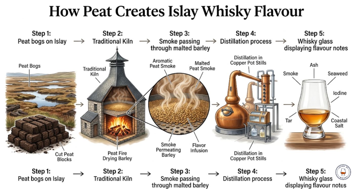 Infographic explaining how peat is burned during malting to create the smoky and medicinal flavours associated with Islay whisky.