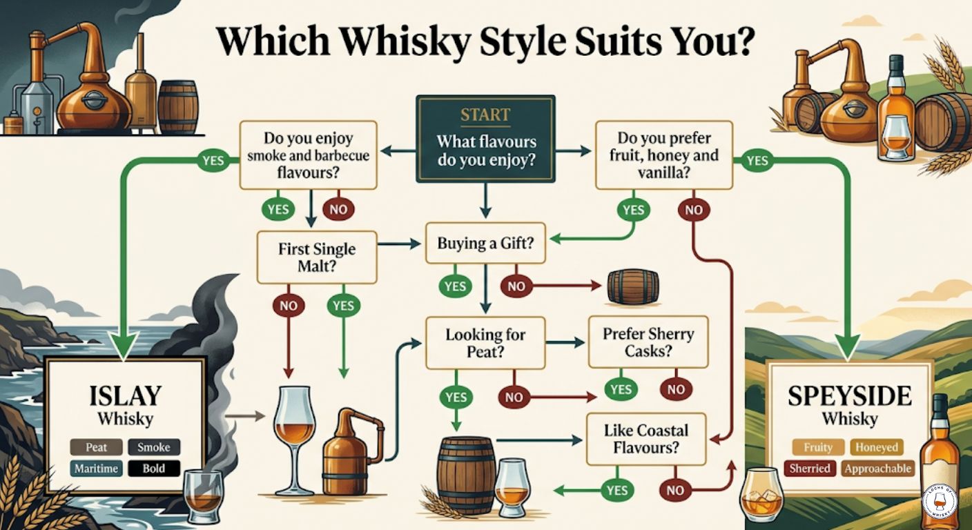 Decision tree helping readers choose between Islay and Speyside whisky based on flavour preferences and experience level.