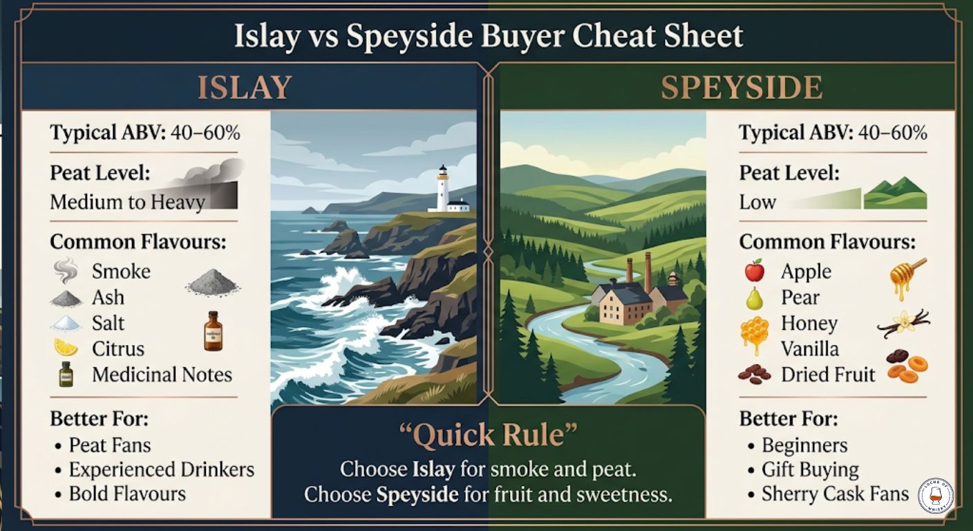 Quick-reference comparison chart showing the main differences between Islay and Speyside whisky including flavour, peat level and buyer suitability.