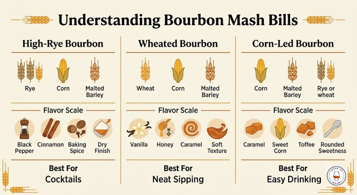 Comparison infographic showing how high-rye, wheated and corn-led bourbon mash bills influence flavour, texture and ideal drinking styles.