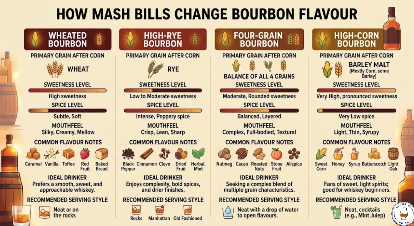 Comparison chart explaining how different bourbon mash bills influence sweetness, spice, texture and flavour profile.