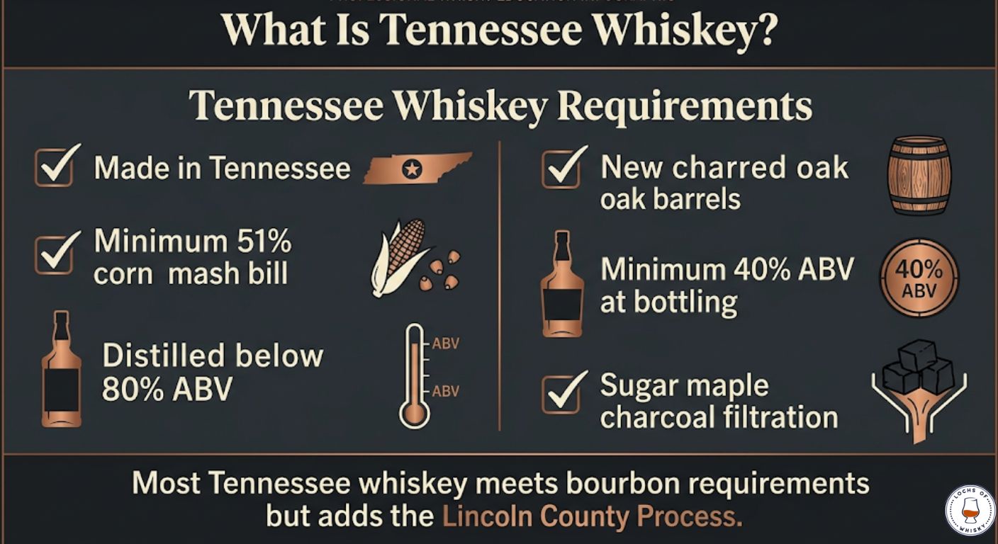 Infographic showing the legal requirements and defining characteristics of Tennessee whiskey including corn content, charcoal filtration and new oak maturation.