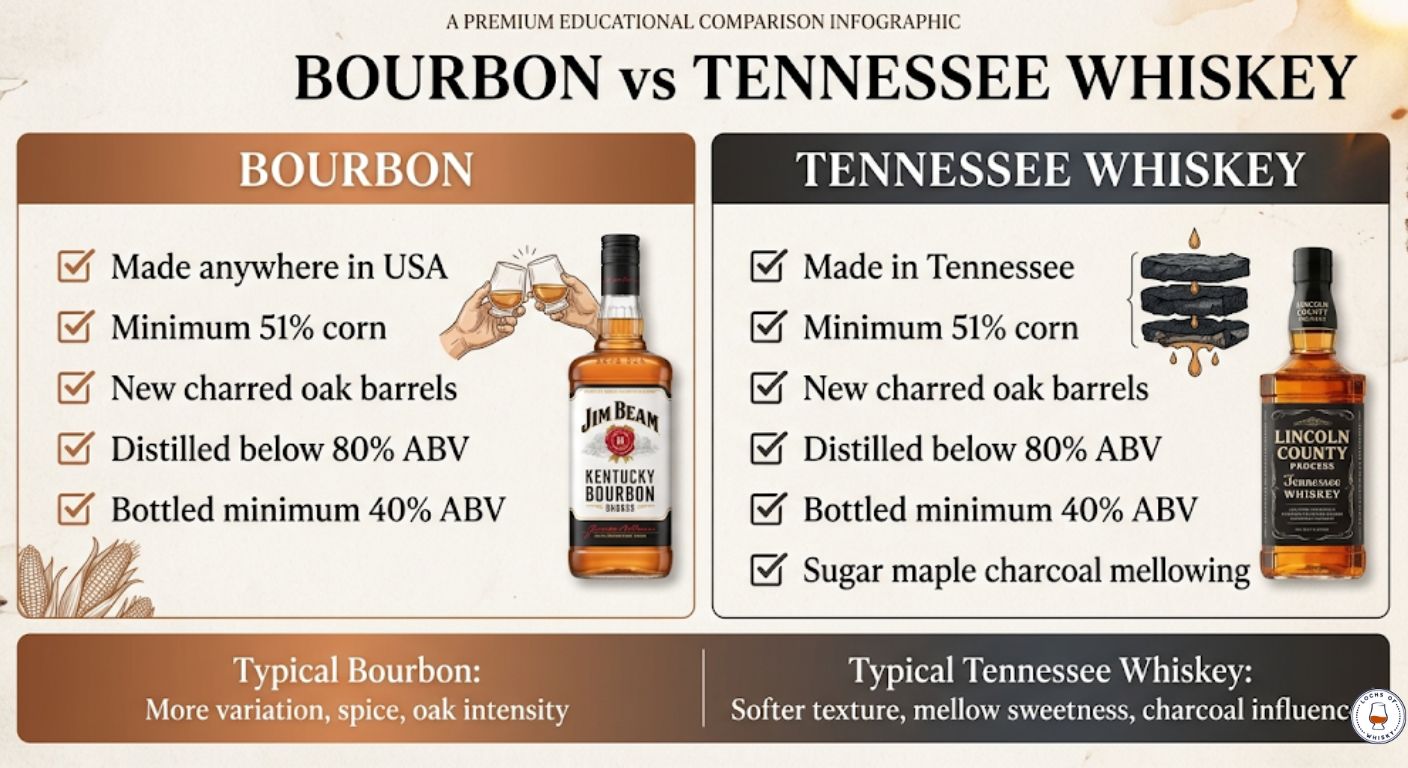 Comparison chart showing the similarities and differences between bourbon and Tennessee whiskey including production rules and charcoal mellowing.