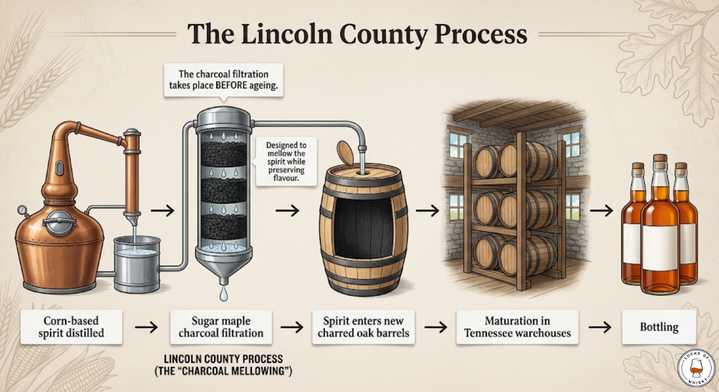 Comparison chart showing the similarities and differences between bourbon and Tennessee whiskey including production rules and charcoal mellowing.