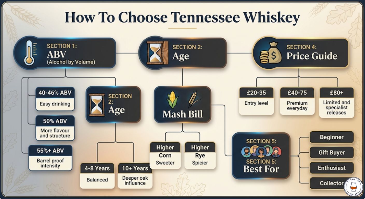 Tennessee whiskey buying guide showing how ABV, age, mash bill and price influence bottle selection.