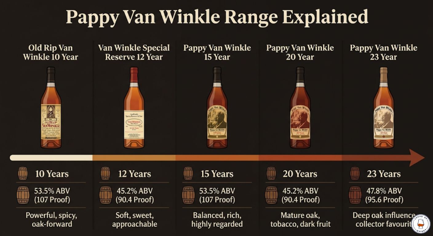 Infographic comparing the five Pappy Van Winkle expressions by age, ABV and flavour profile.