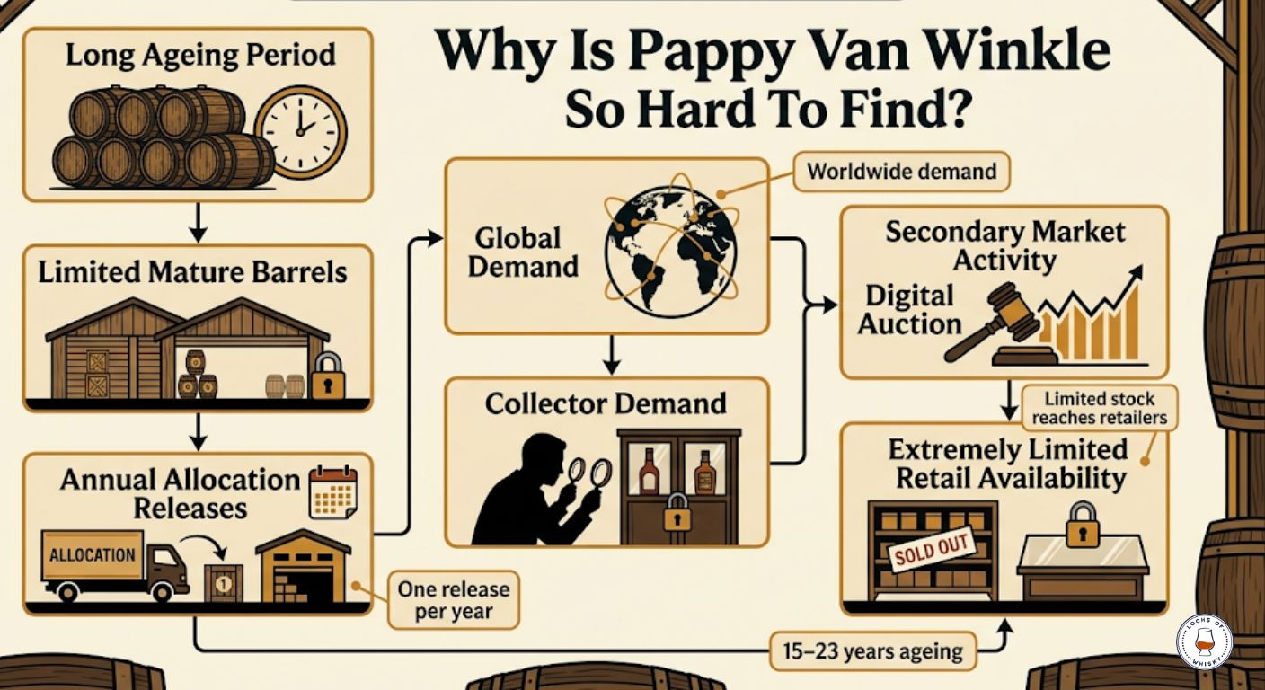 Flowchart showing how long ageing, limited production and high demand create scarcity for Pappy Van Winkle bourbon.