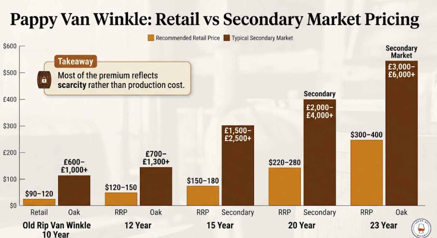 Bar chart comparing retail pricing and secondary market pricing for all Pappy Van Winkle releases.