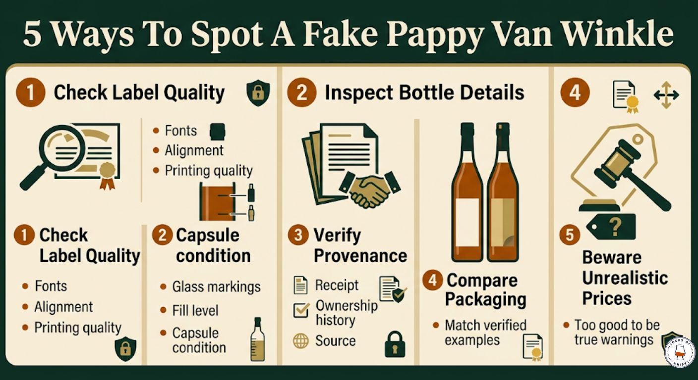 Authentication checklist showing five key ways to identify counterfeit Pappy Van Winkle bottles.